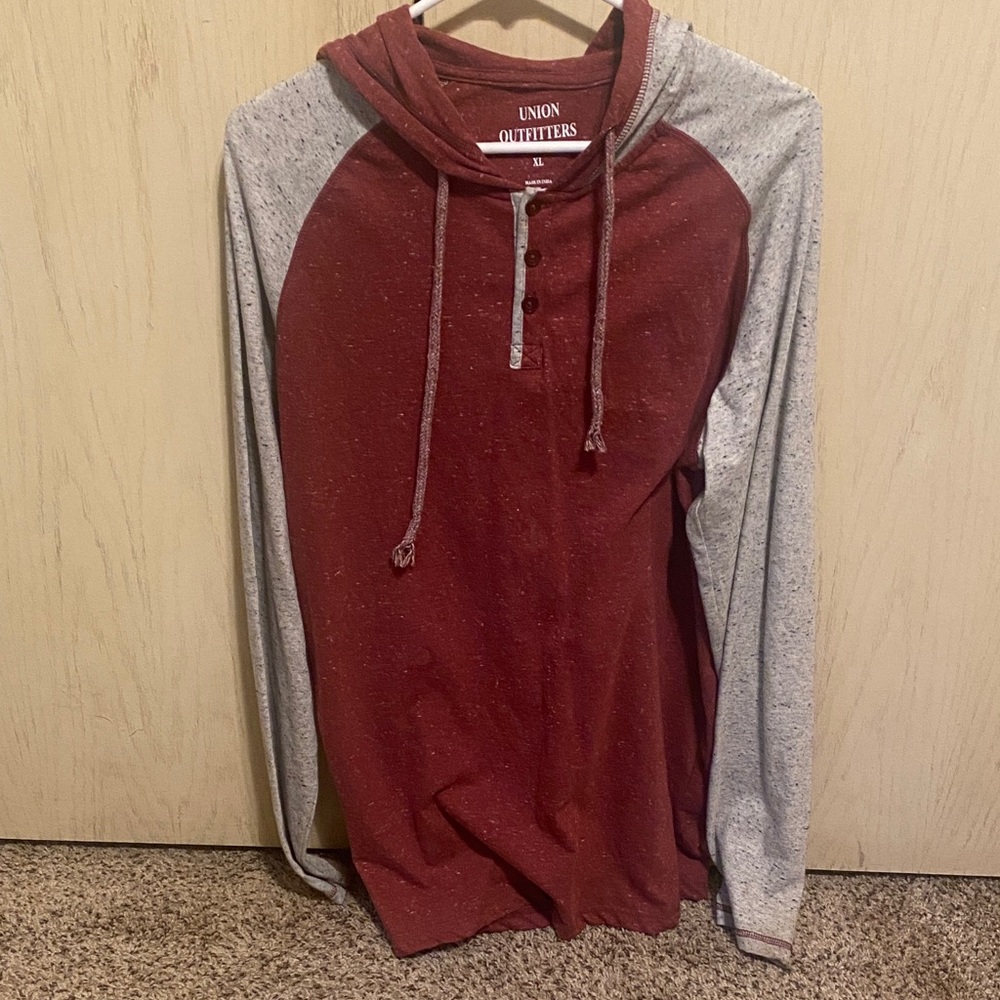 Maroon & Gray Long-Sleeve Henley Hoodie